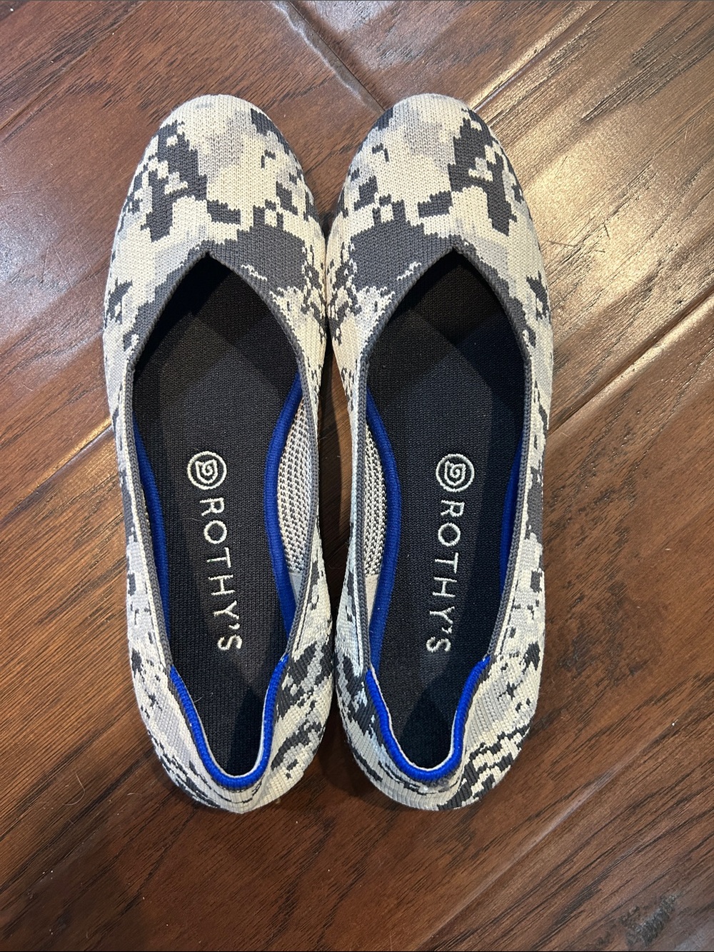 Rothy's Camouflage Ballet Flats in Cream and Gray with Blue Trim